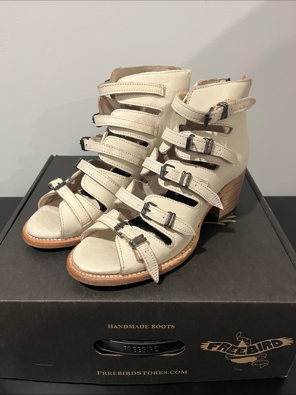 Freebird by Steven Cream Strappy Buckle Heeled Sandal Boots